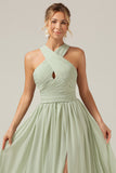 Dusty Sage Boho Chiffon Long Bridesmaid Dress with Button Back