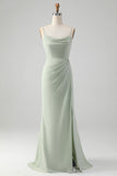 A Line Spaghetti Straps Matcha Long Bridesmaid Dress with Lace Up Back