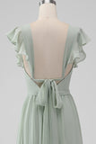 Matcha V Neck A Line Chiffon Long Bridesmaid Dress with Slit
