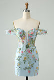 Blue Flower Bodycon Spaghetti Straps Embroidered Short Homecoming Dress