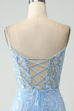 Sparkly Sky Blue Spaghetti Straps Beaded Short Homecoming Dress