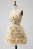 Yellow A Line Halter Tiered Short Tulle Homecoming Dress