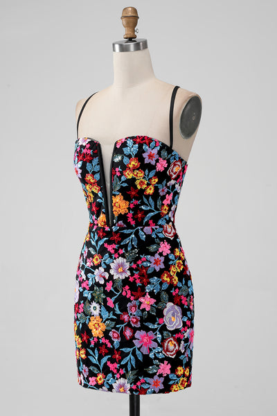 Zapaka Women Black Flower Bodycon Graduation Dress V Neck Spaghetti Straps Short Prom Dress, Black Flower / UK10
