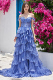 Sparkly A Line Black Off The Shoulder Corset Sequin Tiered Prom Dress with Slit