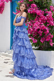 Princess A Line Off the Shoulder Dark Blue Long Prom Dress with Appliques