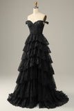 Princess A Line Off The Shoulder Gold Tiered Prom Dress