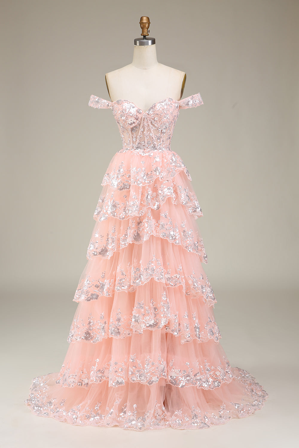 Princess A Line Off the Shoulder Black Pink Long Prom Dress with Tiered Lace