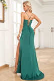 Mermaid Spaghetti Straps Dark Green Long Prom Dress with Split Front