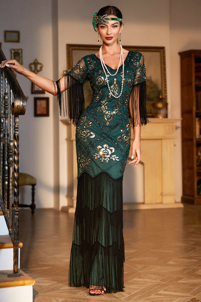 Zapaka Women Black 1920s Flapper Dress V Neck Long Sleeves Vintage Dress With Fringes, Dark Green / M Zapaka Women Black 1920s Flapper Dress V Neck Long Sleeves Vintage Dress With Fringes, Dark Green / M