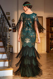 Sheath V Neck Dark Green Sequins Long 1920s Flapper Dress with Fringes