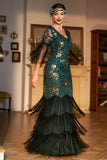 Sheath V Neck Dark Green Sequins Long 1920s Flapper Dress with Fringes