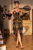Spaghetti Straps Black Golden 1920s Dress with Fringes