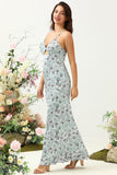 Grey Green Mermaid Floral Bridesmaid Dress