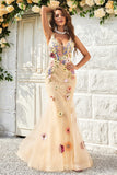 Mermaid Deep V Neck Champagne Long Prom Dress with Criss Cross Back
