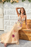 Mermaid Deep V Neck Champagne Long Prom Dress with Criss Cross Back