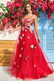 A Line Spaghetti Straps Long Burgundy Prom Dress with Appliques