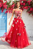 A Line Spaghetti Straps Long Burgundy Prom Dress with Appliques