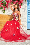 A Line Spaghetti Straps Long Burgundy Prom Dress with Appliques