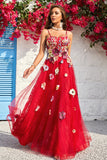 A Line Spaghetti Straps Long Burgundy Prom Dress with Appliques