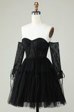 A Line Off the Shoulder Black Corset Homecoming Dress with Long Sleeves