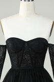 A Line Off the Shoulder Black Corset Homecoming Dress with Long Sleeves