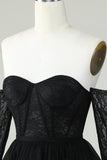 A Line Off the Shoulder Black Corset Homecoming Dress with Long Sleeves