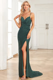 Mermaid Spaghetti Straps Dark Green Long Formal Dress with Beading
