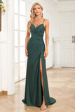 Mermaid Spaghetti Straps Dark Green Long Formal Dress with Beading