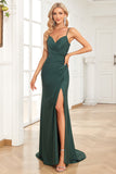 Mermaid Spaghetti Straps Dark Green Long Formal Dress with Beading