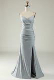 Mermaid Spaghetti Straps Grey Long Formal Dress with Criss Cross Back