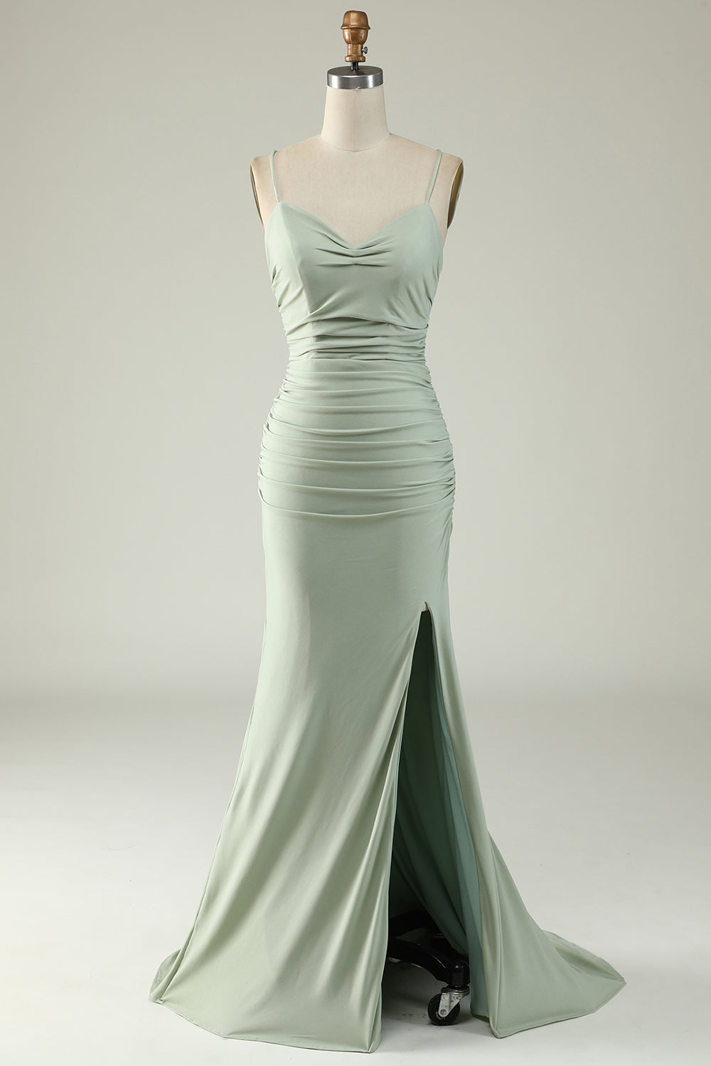 Mermaid Spaghetti Straps Grey Long Formal Dress with Criss Cross Back