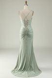 Mermaid Spaghetti Straps Grey Long Formal Dress with Criss Cross Back