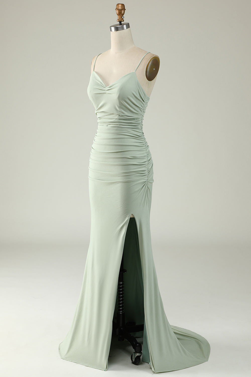 Mermaid Spaghetti Straps Grey Long Formal Dress with Criss Cross Back