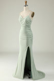 Mermaid Spaghetti Straps Grey Long Formal Dress with Criss Cross Back