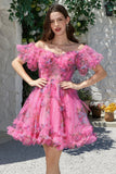 Stylish A Line Off the Shoulder Dusty Rose Tulle Short Homecoming Dress with Short Sleeves