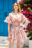 Beautiful A Line Off the Shoulder Dusty Rose Tulle Short Homecoming Dress with Short Sleeves