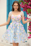 Blue Corset A-Line Short Homecoming Dress with 3D Flowers