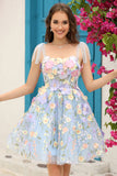 A Line Spaghetti Straps Purple Corset Homecoming Dress with 3D Flowers