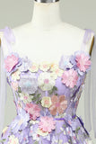 A Line Spaghetti Straps Purple Corset Homecoming Dress with 3D Flowers