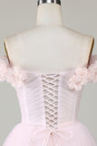 Cute A Line Off the Shoulder Pink Short Homecoming Dress with Flowers