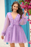 Sparkly Purple Long Sleeves Homecoming Dress with Stars