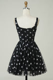 Cute A Line V Neck Black Tulle Short Homecoming Dress with Stars