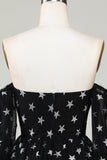A Line Off the Shoulder Black Stars Short Homecoming Dress