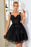 Cute A Line Dark Blue Corset Tiered Short Homecoming Dress with Lace