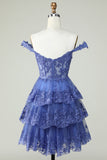 Cute A Line Dark Blue Corset Tiered Short Homecoming Dress with Lace