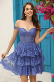 Sparkly Dark Blue Corset Tiered Short Homecoming Dress with Lace