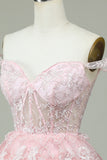 Cute A Line Off the Shoulder Pink Corset Homecoming Dress with Lace