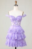 Princess A Line Purple Corset Tiered Short Homecoming Dress with Lace