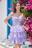 Sparkly A Line Purple Corset Tiered Short Homecoming Dress with Lace