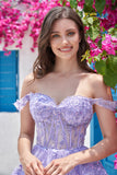 Sparkly A Line Purple Corset Tiered Short Homecoming Dress with Lace